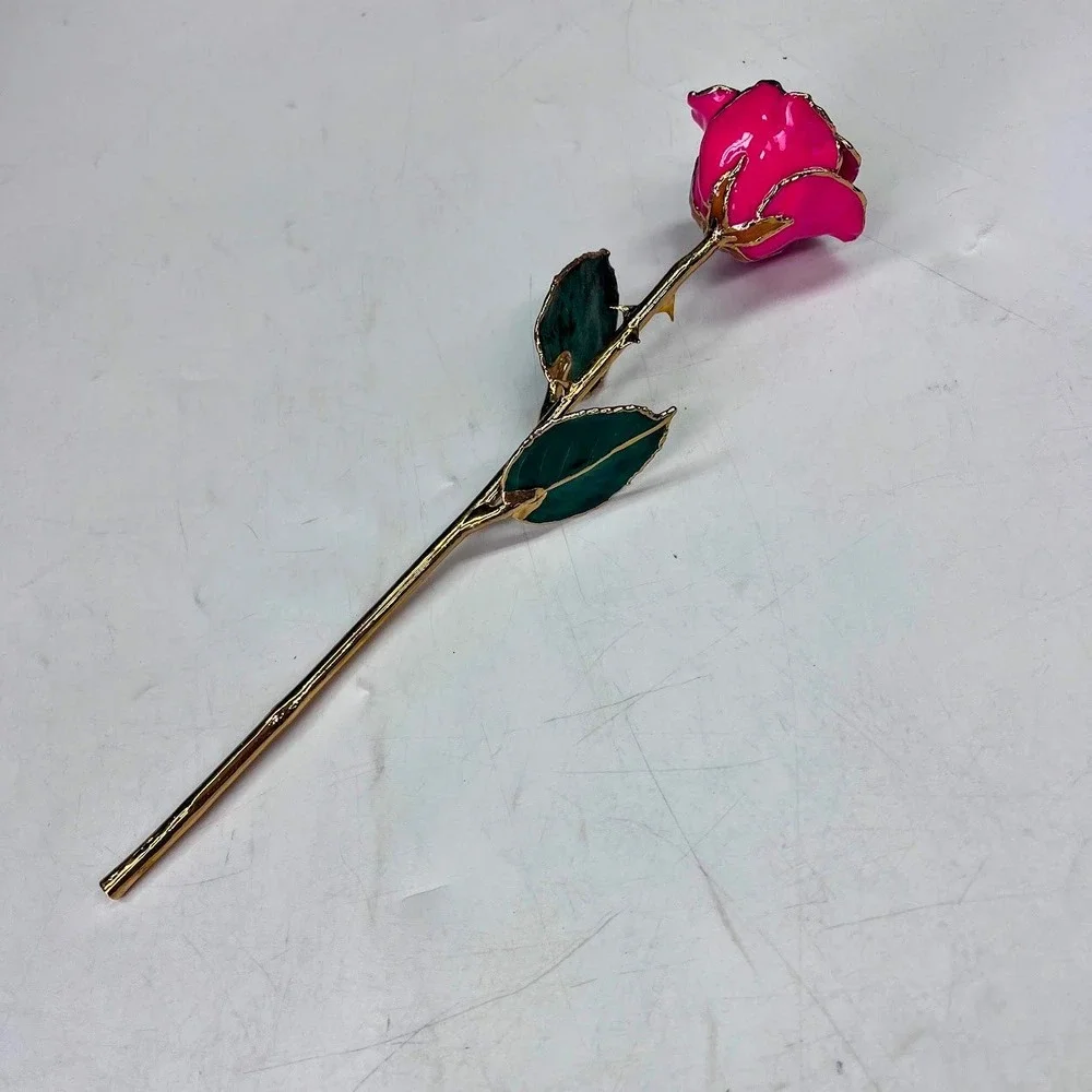 24k Rose Co Pink Real Rose Preserved in Lacquer Trimmed in 24K Gold with Box COA